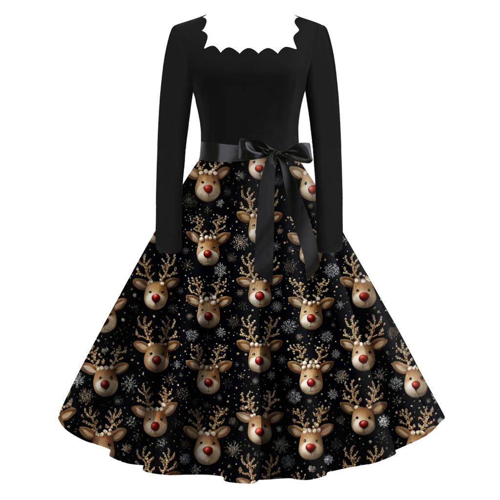 Women's Fashion Retro Long-sleeved Square Collar Christmas Printed Evening Dress