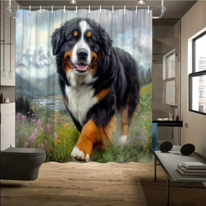 

Bernese Mountain Dog Shower Curtain - Vibrant Meadow & Snow-Capped Mountain Design, Polyester, Washable 48x72inch 120x180cm