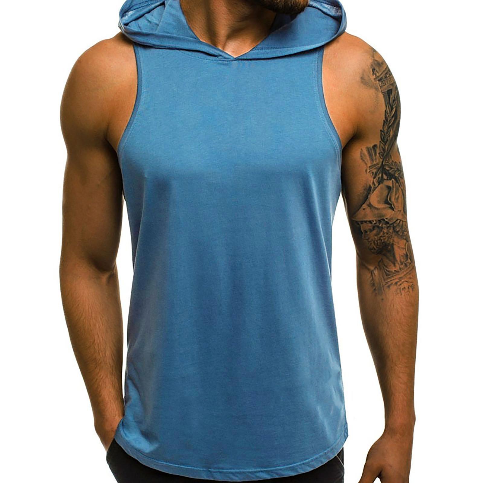 

Мужская летняя однотонная толстовка с капюшоном, повседневная свободная майка без рукавов L синий