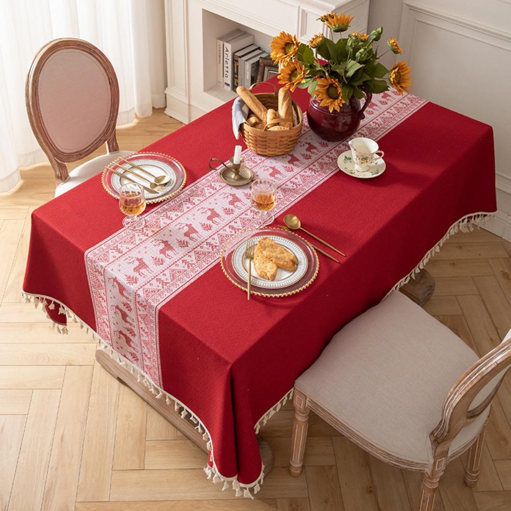 Retro Red Jacquard Tablecloth with Fringe Ideal for Wedding Christmas New Year Festive Dining Table Cover
