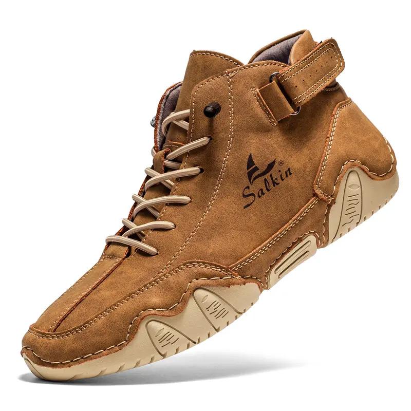 Stivali da uomo in pelle crosta fatti a mano di grandi dimensioni, scarpe da uomo comode, stivaletti alla caviglia per scarpe casual da uomo