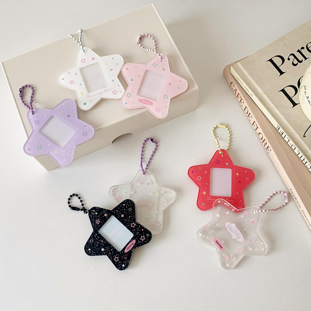 Glitter Star Card Holder with Keychain Acrylic 1-Inch Photocard Holder ID Card Case Student Kpop Idol Photo Card Bag