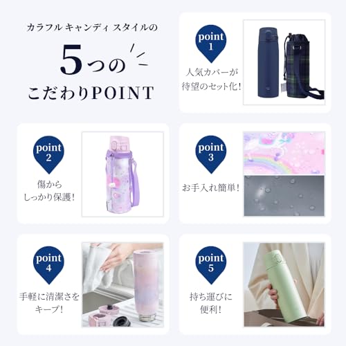 COLORFUL CANDY STYLE Stainless Steel Mug and Cover Set, 600ml, Sterling Silver & AM Marine Blue, Zojirushi Seamless Cap, Water Bottle Case, Holder, Sh