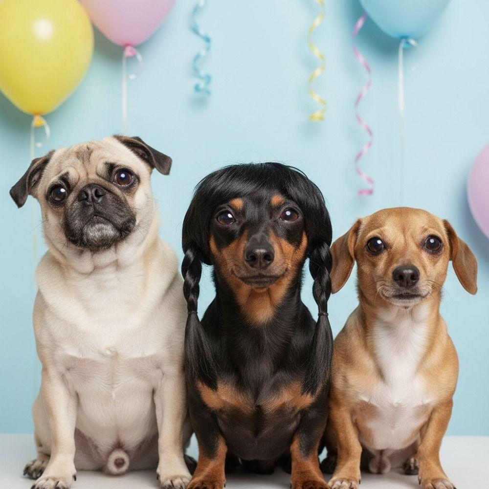 Photo Prop Black Double Ponytail Pet Hairpiece Funny High Temperature Fiber Pet Wig Universal Realistic Animal Wig Christmas
