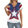 Damen Top mit kurzen Ärmeln und V-Ausschnitt mit Unabhängigkeitstag Flagge und Blumenprint Lässiger lockerer Schnitt Bequemes Shirt