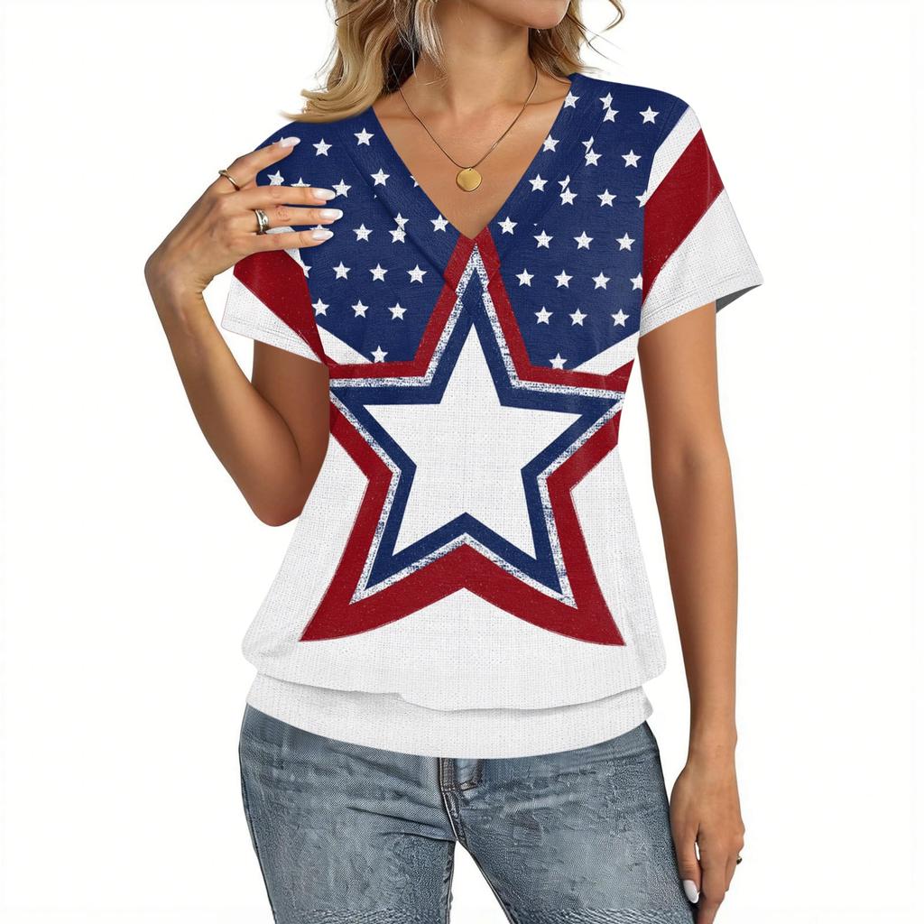 Damen Top mit kurzen Ärmeln und V-Ausschnitt mit Unabhängigkeitstag Flagge und Blumenprint Lässiger lockerer Schnitt Bequemes Shirt