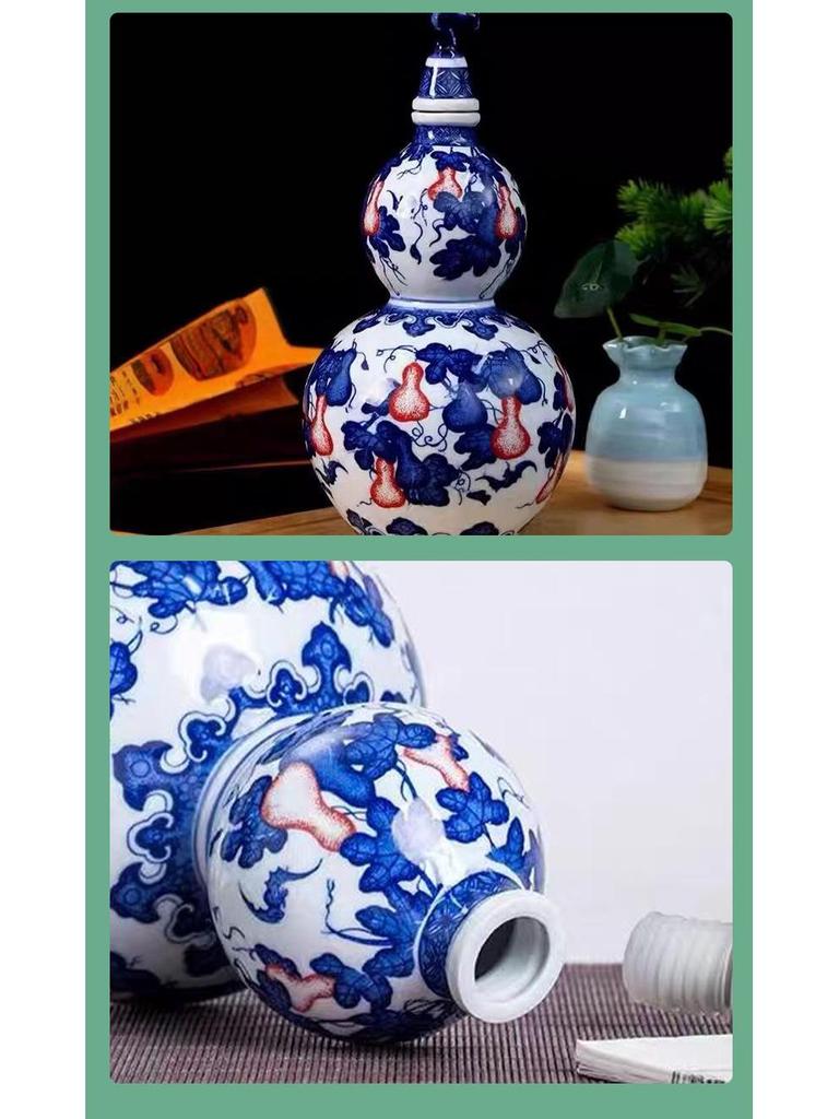 Jingdezhen Blue & White Gourd Vase: Ceramic Underglaze Red Wine, Oil, Vinegar Pot & Double-Layer Storage Jar Ornament.