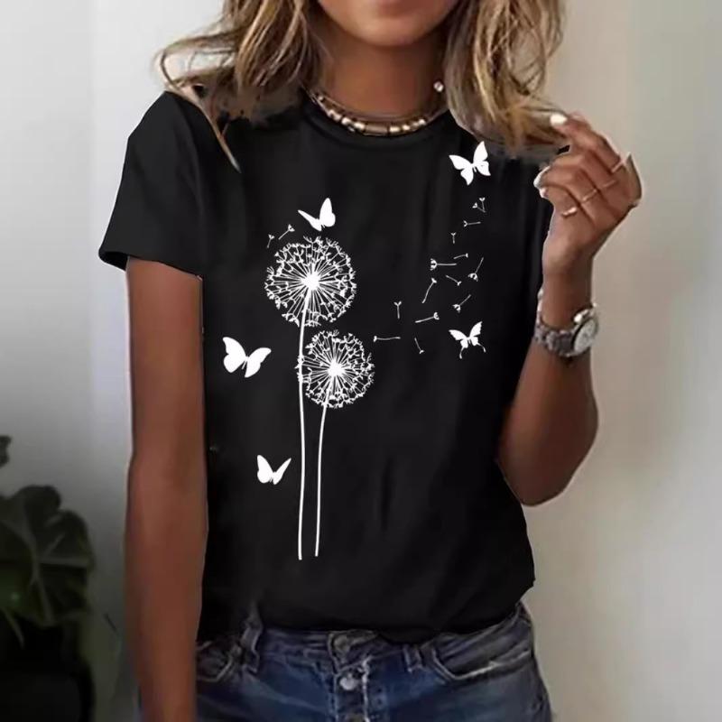 

Повседневная женская футболка расслабленного шика с принтом одуванчиков и бабочек, идеально подходящая для лета. Модная футболка с узором из одуванчиков. XXL