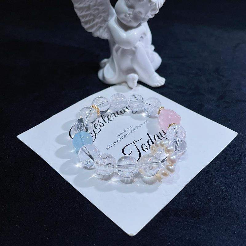 Qiaoen Aquamarine & Rose Quartz White Aze Large Bead Women's Bracelet