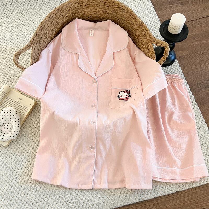 Summer Cotton Cloud Cartoon Pajama Set: Women s Short-Sleeve Cardigan & Shorts L