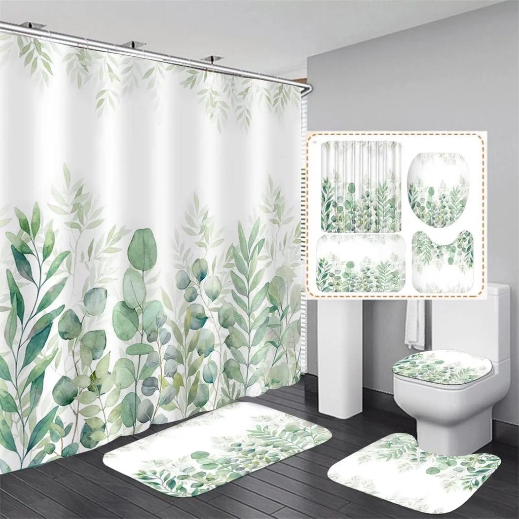 Blue Green Leaves Shower Curtain Set With Non-Slip Rug Toilet Lid Cover Bath Mat And Hooks Plant Leaf Vine Waterproof Decor Sets