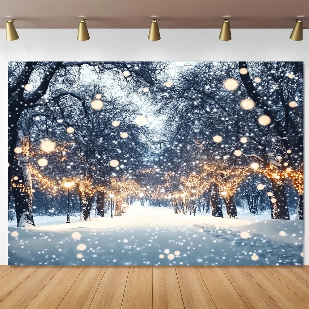 1 enchanting winter snow background | Shining white forest miracle and fairy lamp party decoration
