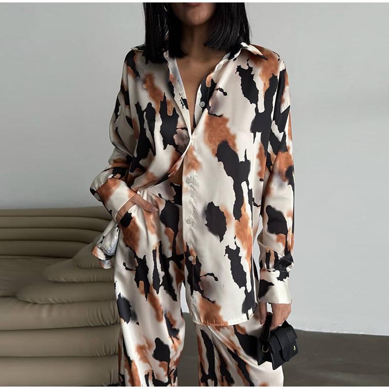 Tištěný volný ležérní set dámská košile s dlouhým rukávem kalhoty se širokými nohavicemi dvoudílný set na dojíždění jaro a léto