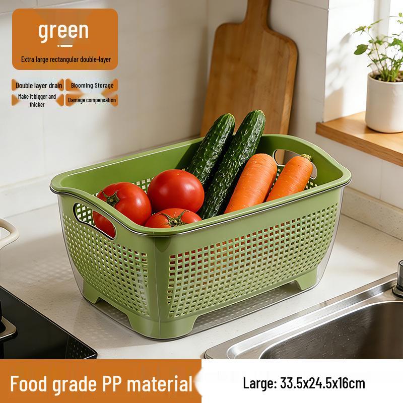 Dual-Layer Draining Basket for Vegetables, Fruits, and Rice - Large Capacity Storage Basin