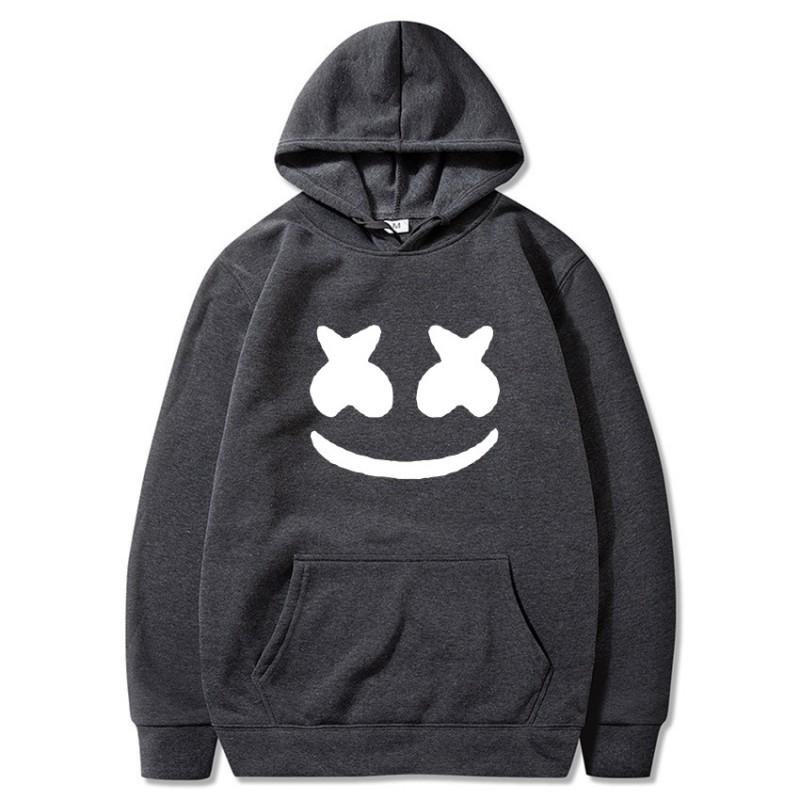 Mens Marshmello Smiley Face Hooded Sweatshirt Loose Fit Cotton Blend Winter Pullover