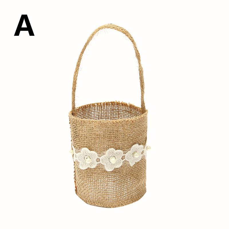 Wedding Lace Burlap Flower Basket Linen Handle Vintage Flower Basket Rustic Wedding Ceremony Lace Satin Flower Basket