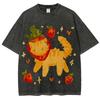 Strawberry Cat Printed Oversized Washed Unisex Colorful Streetwear Cotton T‑Shir