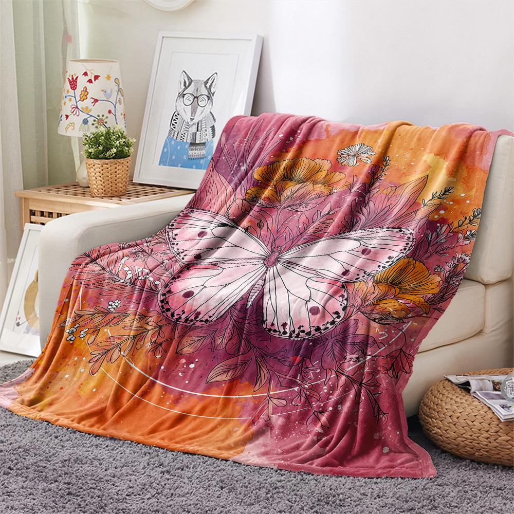 Flower Butterfly  Print Flannel Blanket, High quality Comfortable for All Seasons, Home Decor, Warmth and Comfort