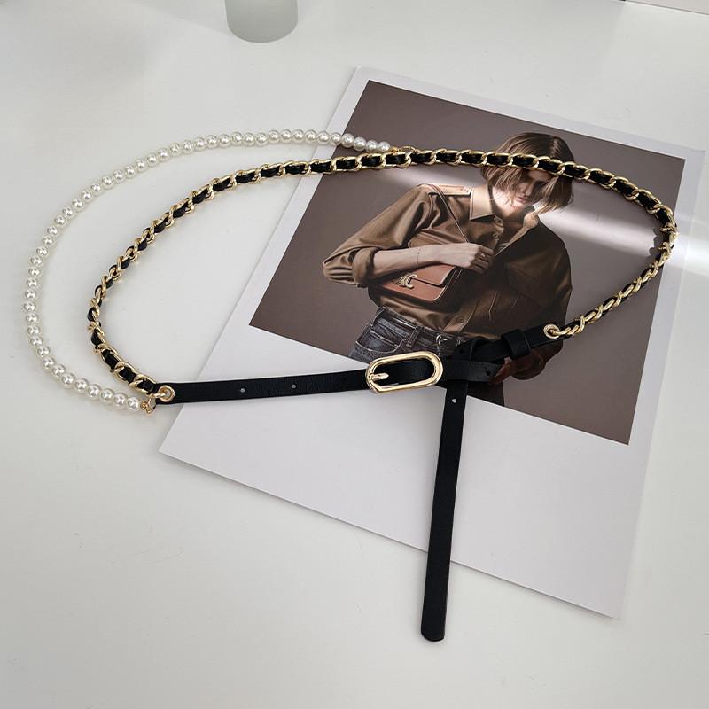 Elegant Black Layered Pearl Chain Waist Belt Accessory For Women's Outfits