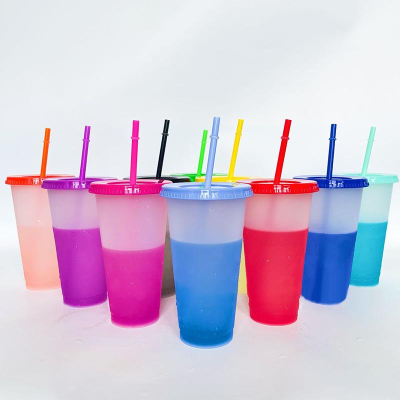 10Pcs Color Changing Cups Plastic Straw Ice Cup Large Capacity Cold Drinking Cup Water Bottle Party Travel Beverage Mug