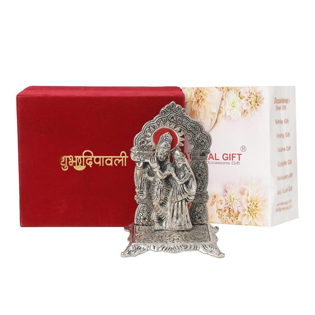 Silver Radha Krishna Idol Oxidized Finish with Happy Diwali Wishes