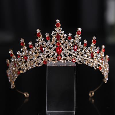 New Golden Bride Crown Princess Headwear Birthday Red Rhinestone Headband Wedding Hair Jewelry Bridal Tiaras Vintage Headpiece