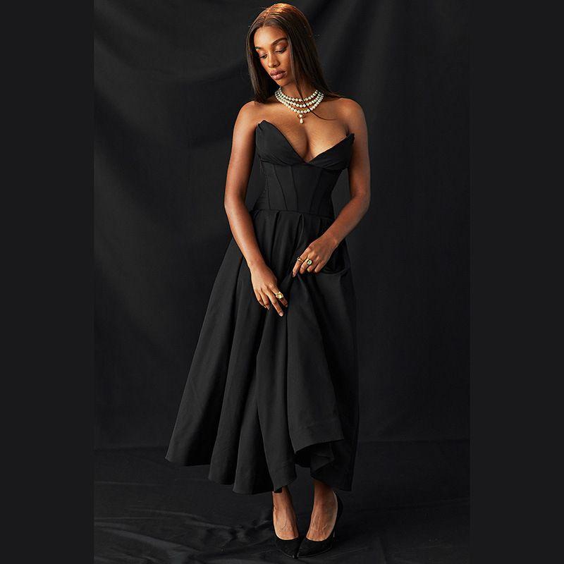 Dress Summer New Sexy Tube Top Long Dress Western Style Fashion Pointed Angle Fishbone Waist a Hem Dress Women