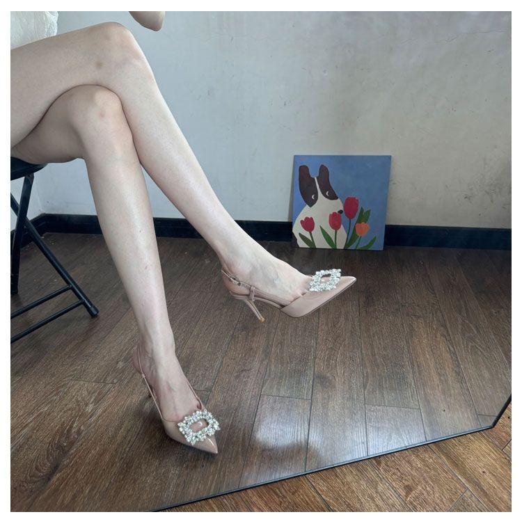 2025 Summer New Pointed Toe Nude Square Buckle Rhinestone High Heels Women's Thin Heels Light Mouth Versatile Sandals Bag Head Single Shoes
