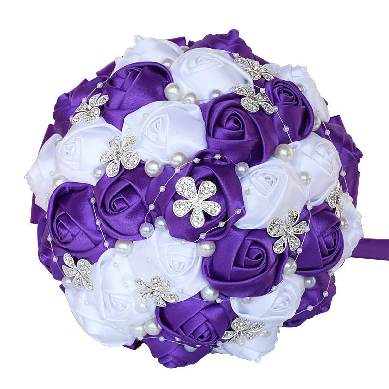 European & American Elegant Ribbon Flower Bridal Bouquet – Beaded Five-Flower Design