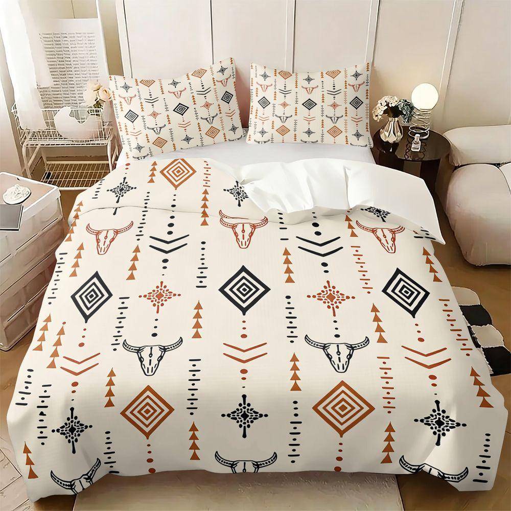 Southwestern Native American Style Duvet Cover Set(1 Duvet Cover & 1/2 Pillowcase) Geometric Bull Skull Print Boho Bedding Set