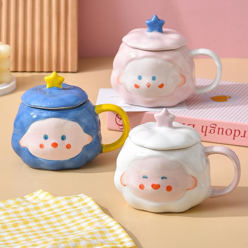 Cute Healing Ceramic Cup for Household Drinking Water Cartoon Creative Gift Children Mug Girl Couple with Lid Cup