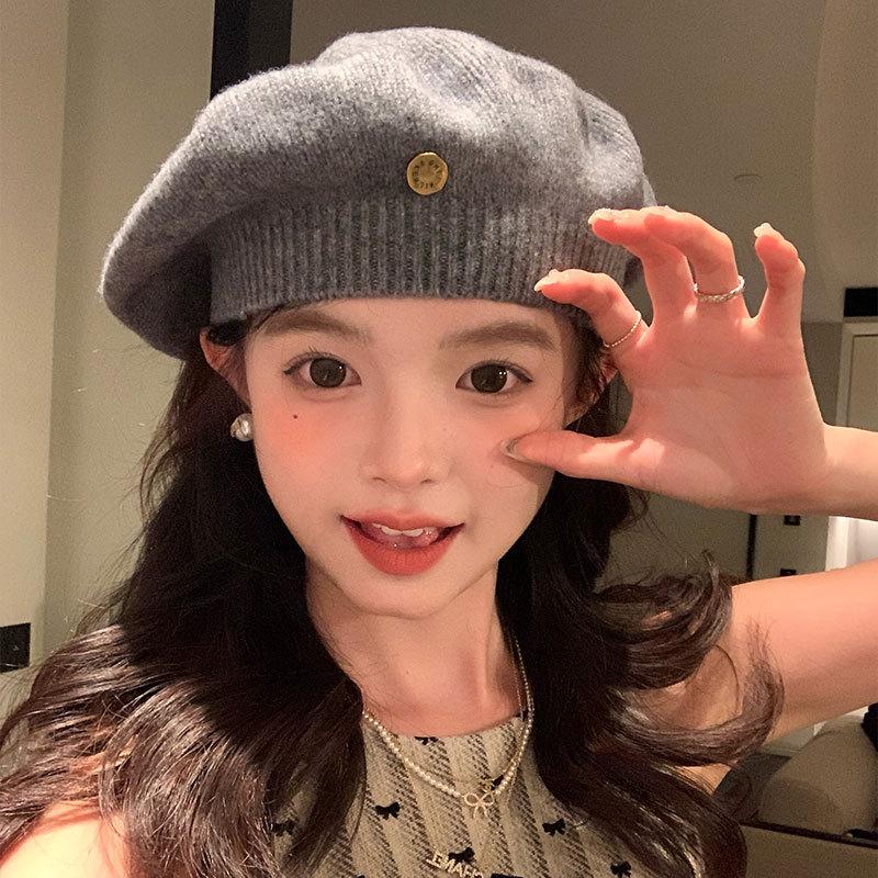 New Ankora Red Wool Knitted Beret Women's Autumn and Winter Style Big Head Circumference Showing Face Little Painter's Hat