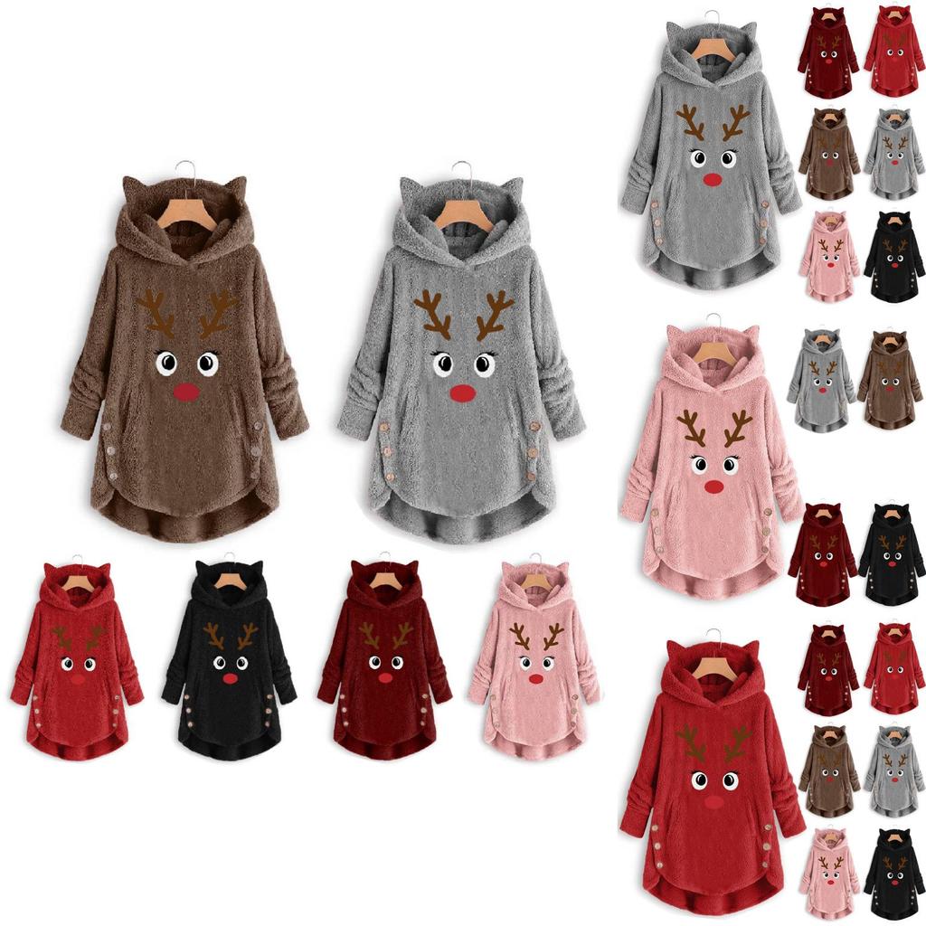 Soft And Elegant Ladies Reindeer Christmas Jumper With Button Decoration For Winter