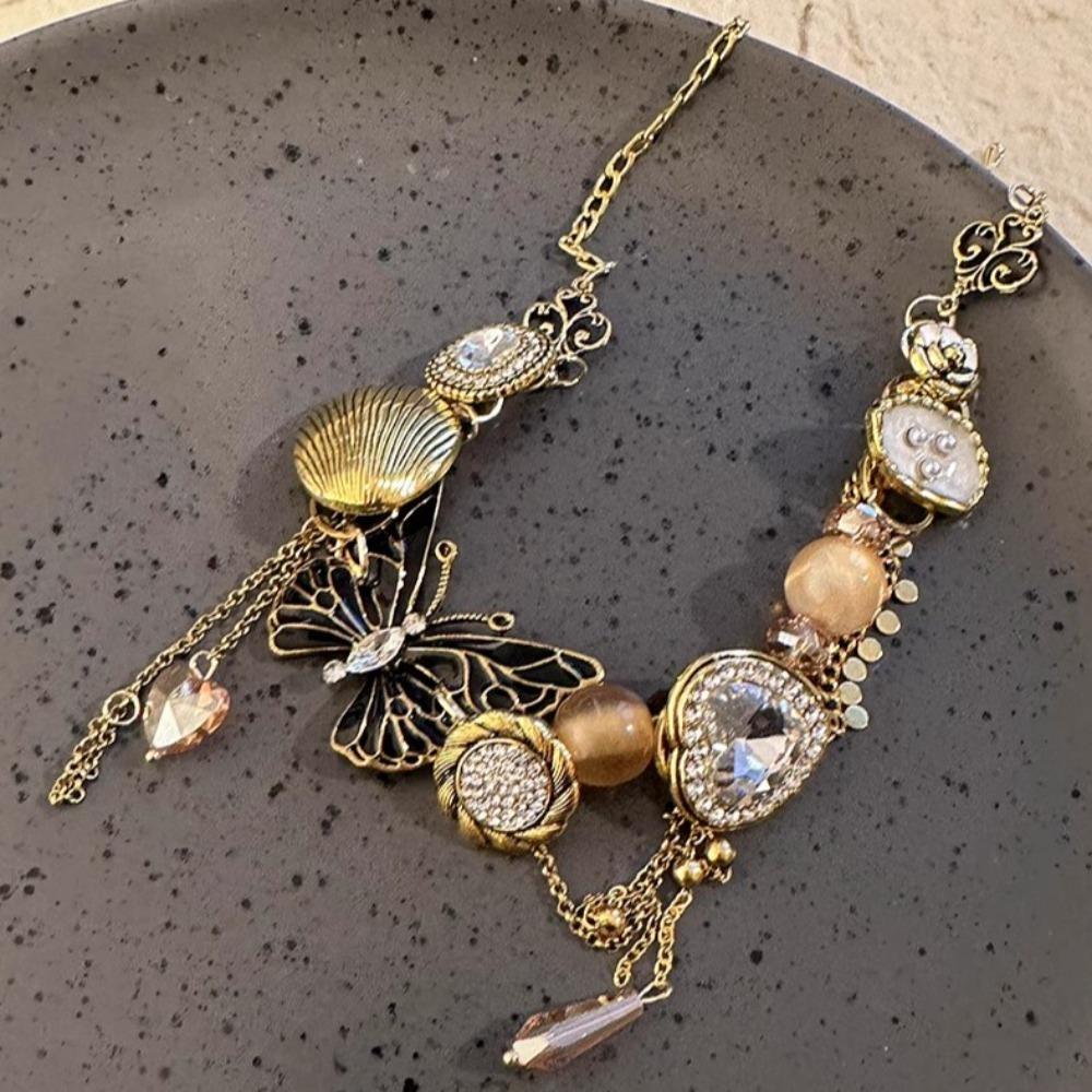 Exaggerated Tassel Crystal Necklace Adjustable Women's Choker Rhinestone Butterfly Necklace  Party