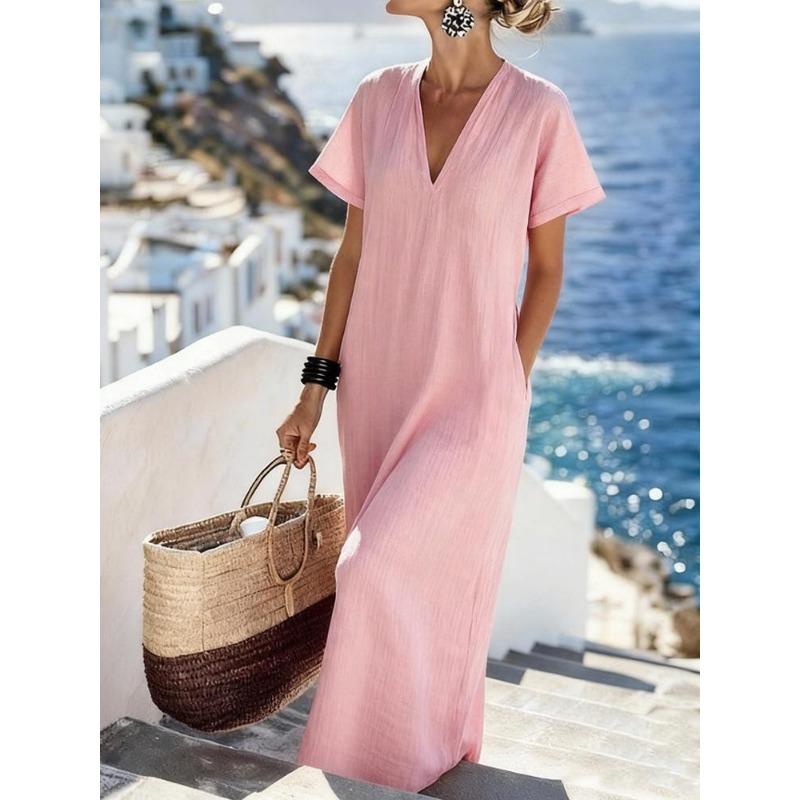 Women Casual Vacation V Neck Short Sleeve Solid Color Loose Maxi Dress