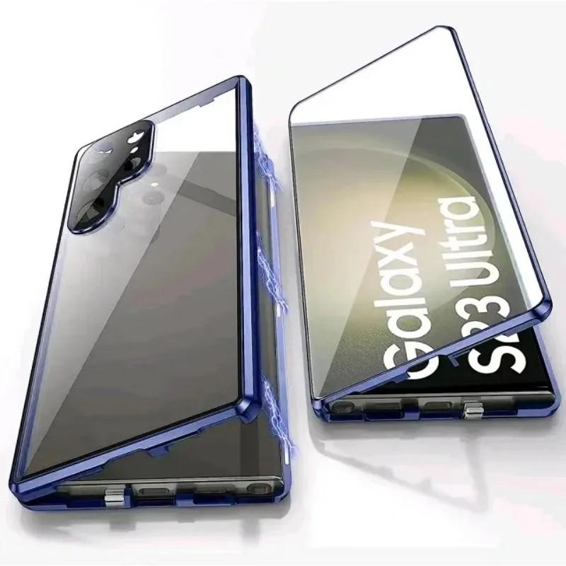 360 kovový rám, oboustranné skleněné, magnetické pouzdro Snap Lock pro Samsung Galaxy S24 S23 FE S22 Ultra S21 Plus Plná ochrana objektivu