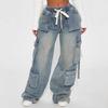 Women's Y2K Loose Fit Wide Leg Jeans Multiple Pockets Elastic Waist Denim Trousers Casual Pants