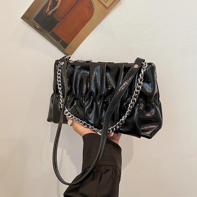 Monochromatic pleated PU women's shoulder bag with chain zipper stitching line versatile crossbody bags