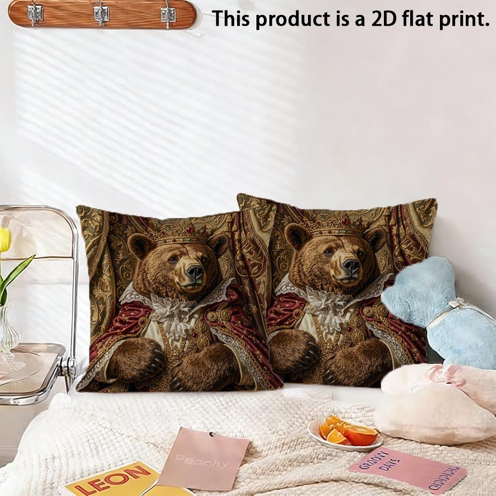 2pcs Royal Brown Bear King Throw Pillow Cover,Vintage Aristocrat Animal Decorative Cushion Case for Sofa Bedroom Living Room