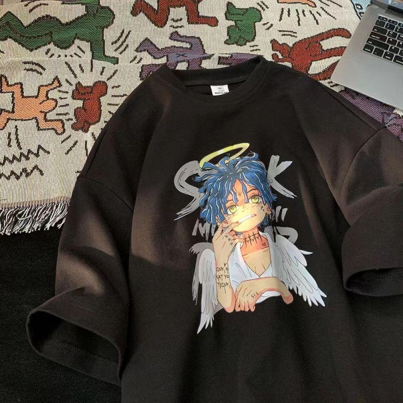 

Летняя футболка с короткими рукавами, мужская модная свободная одежда с принтом для пар, футболка с половиной рукавов в гонконгском стиле XL чёрный