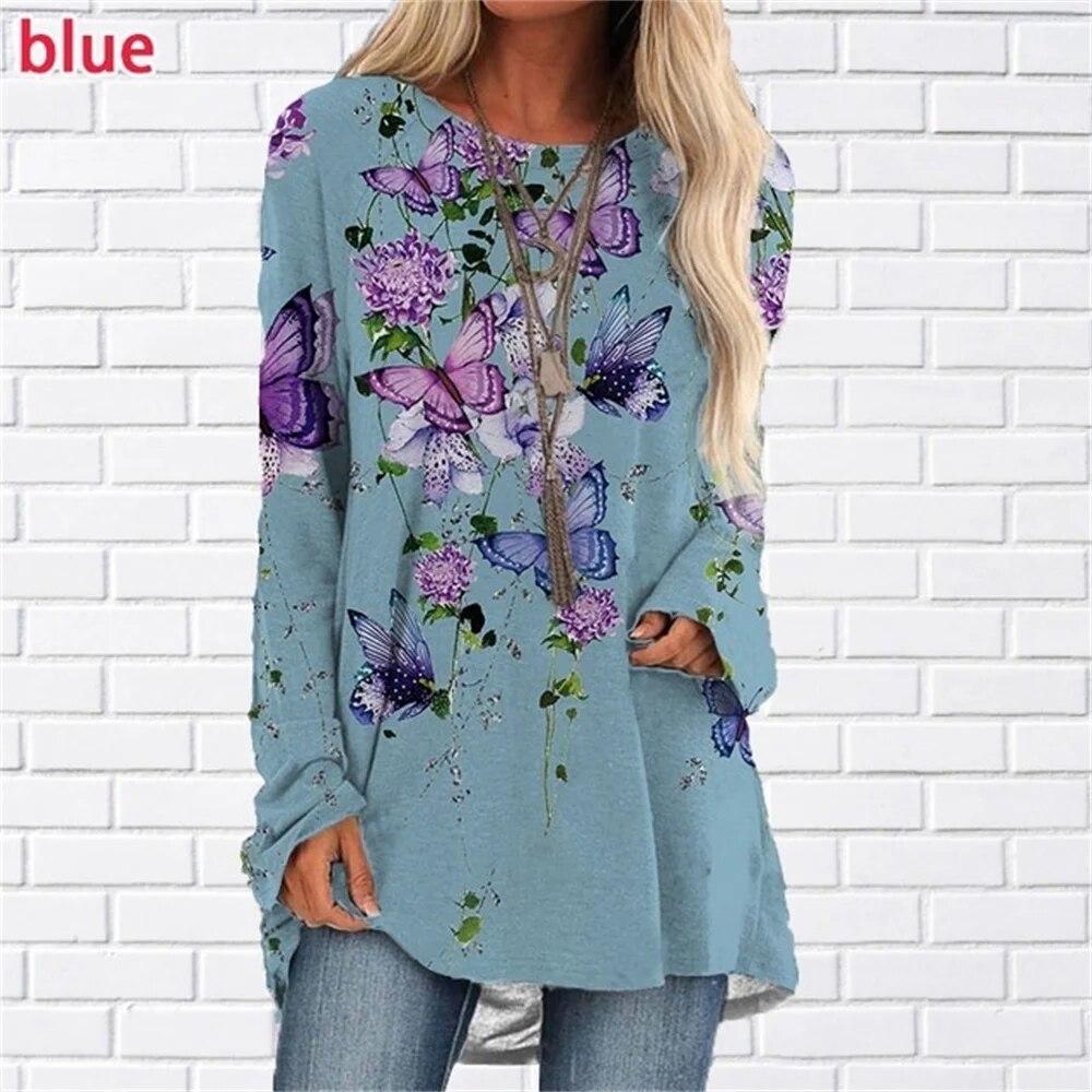 Floral 3d Print T-shirts Women Fashion T-shirt Long Sleeve Tops Tees Summer Long Tops Ladies Camisetas Butterfly Tshirt Girl