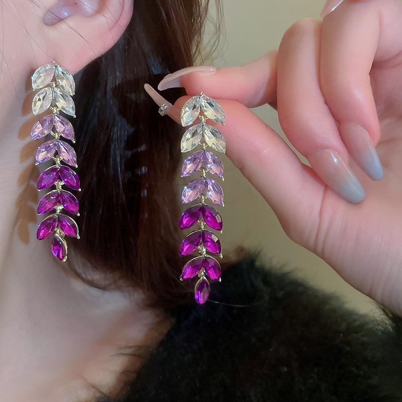 Øredobber med strass i koreansk stil, lilla krystallblad-dangle-øredobber for kvinner, zirkon