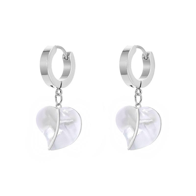 Punk Hip Hop Titanium Steel White Shell Heart Stud Earrings for Women