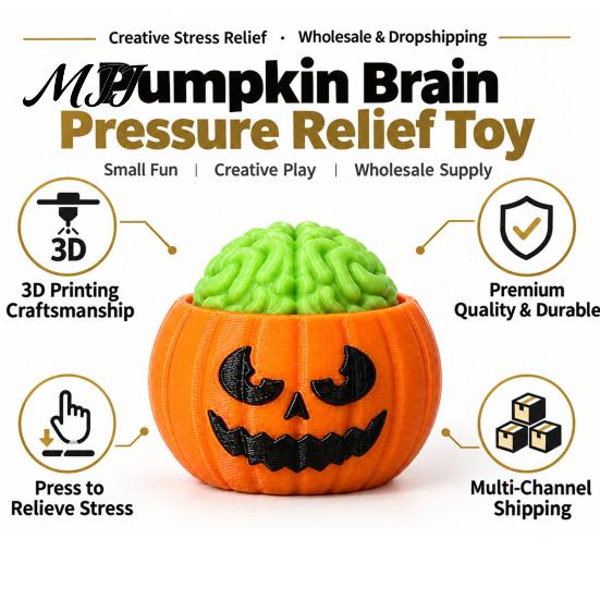 Creative Holiday Gift Halloween Pumpkin Stress Relief Toy, 3D Printed Sensory Fidget Realistic Interesting Brain Shape Toy Soft Rebound Squeeze