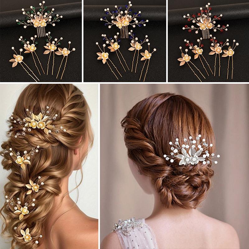 5PC Pearl Floral Ornament Leaf Vintage Gold Retro 5-Pack Exquisite Hair Clips Fairy Hair Forks Elegant