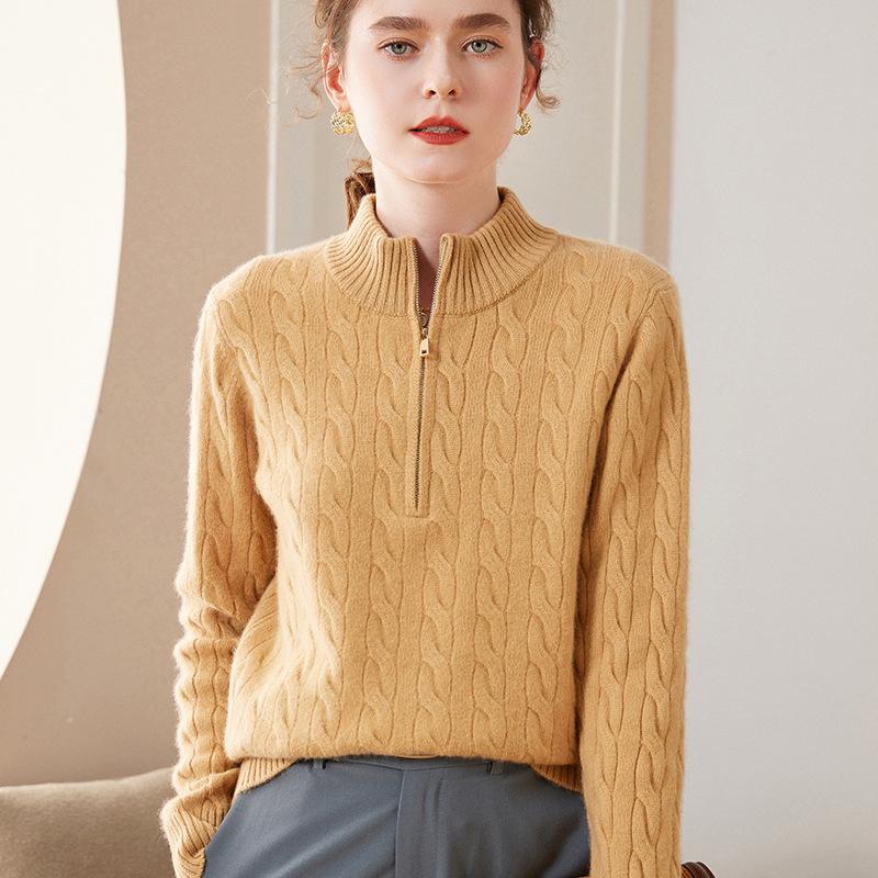 Women's Japanese Style Cashmere High Neck Zipper Sweater - Thick Knit Wool Base Layer for Autumn/Winter