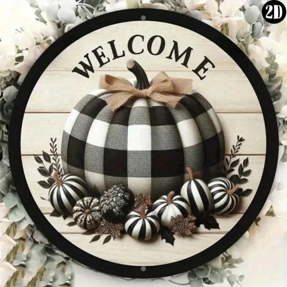 

Buffalo Plaid Pumpkin Metal Welcome Sign Vintage Farmhouse Wall Art 20x20