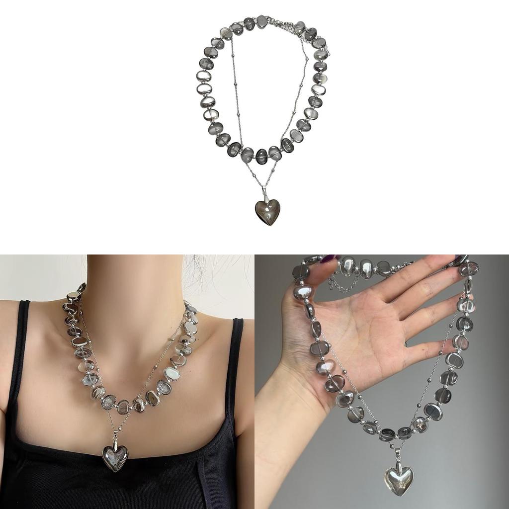 Waterdrop Crystal Beaded Necklace For Women Handmade Heart Pendant Double Layer Jewelry