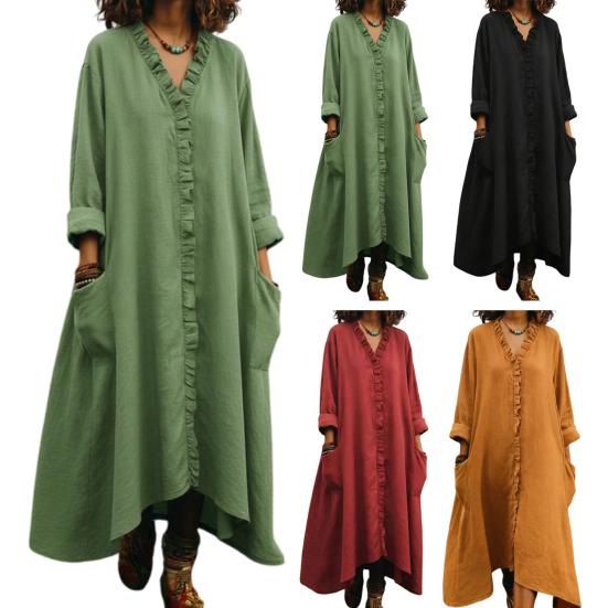 Women's Ruffle Trim V Neck Dress Summer Casual Loose Long Sleeve Maxi Dress Flowy Boho Beach Sundress with Pockets