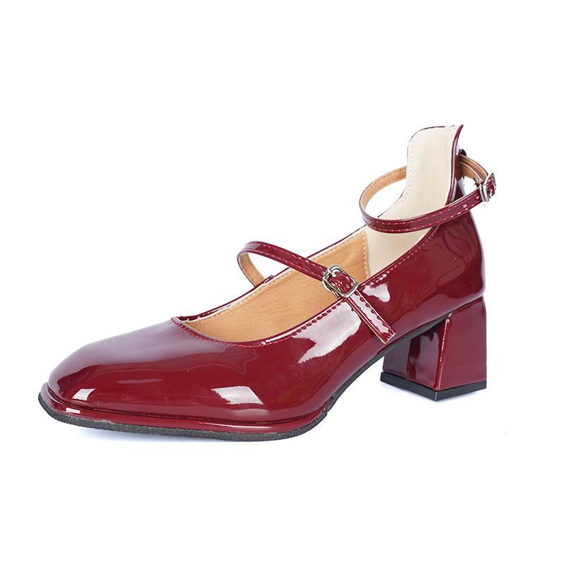 Fashion Comemore Square Head Mary Jane Shoes Women Spring Autumn Retro Belt Buckle Shallow Mouth Single Shoes Black Red High Heel Pumps